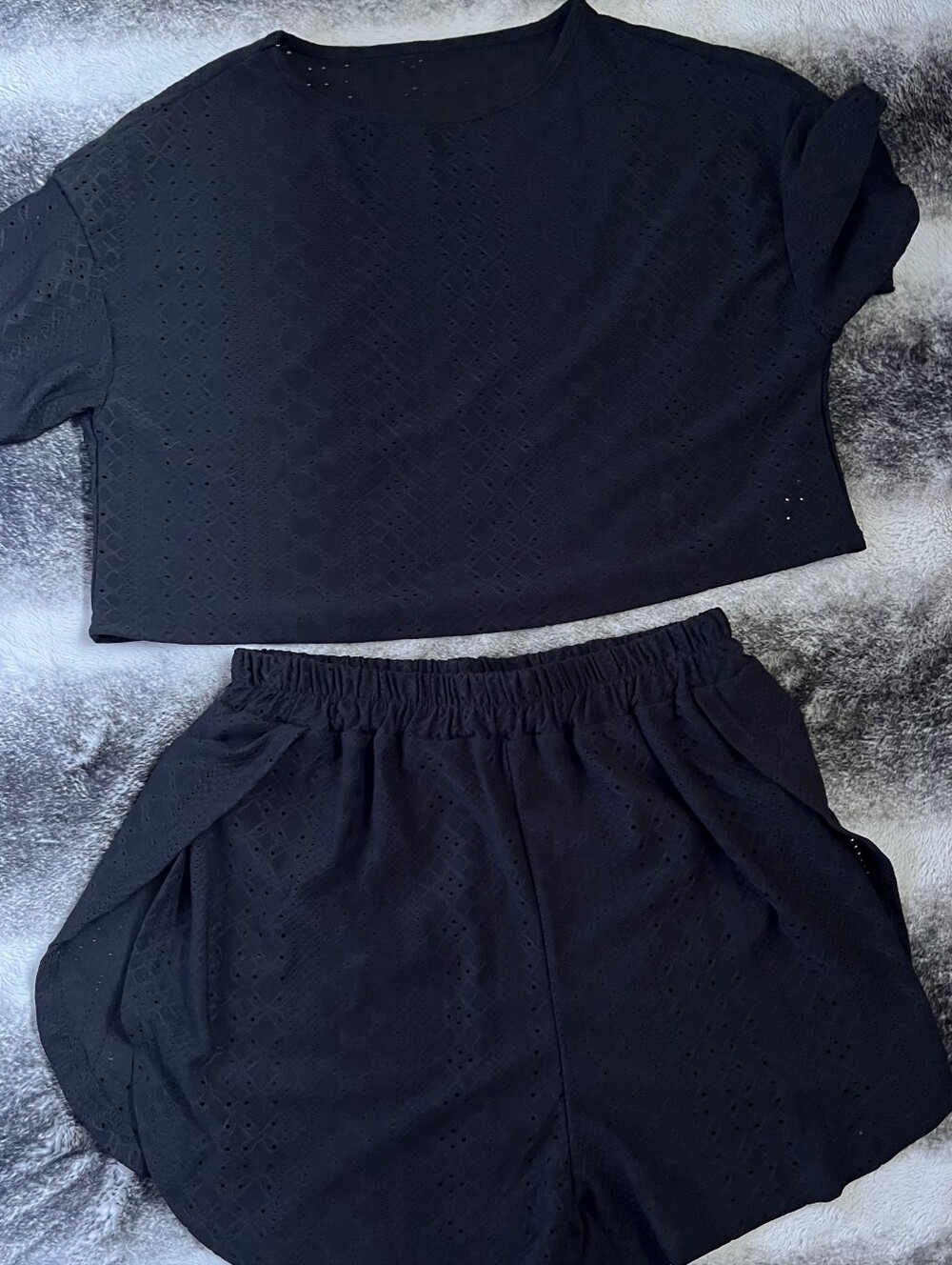 Black Eyelet Two-Piece Lounge Set - Top & Shorts